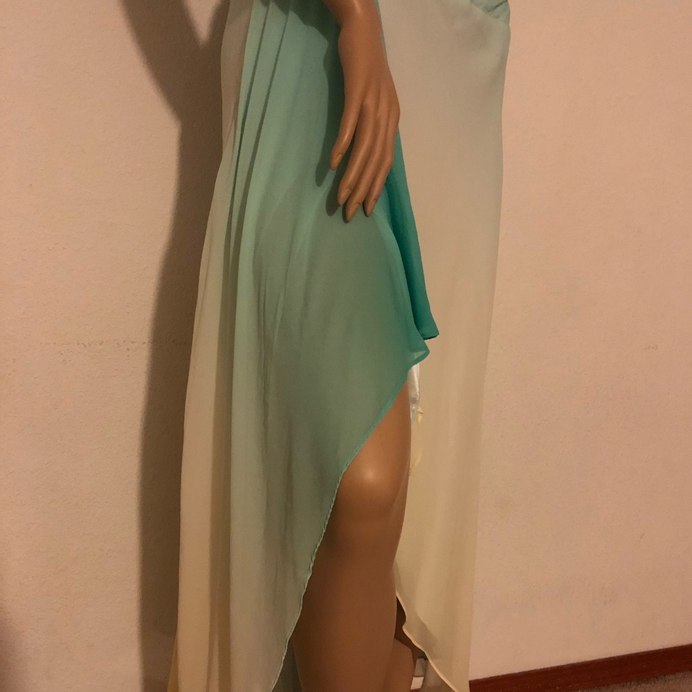 BCBGMAXAZRIA Silk Ombre Halter Dress | Teal Cream Hi-Lo Formal Dress 4 - Picture 5 of 9
